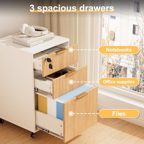 3 Drawers Fluted Mobile File Cabinet with Lock, Rolling File Cabinet Printer Stand Table, Under Desk Wooden Filing Cabinets for Home Office Essentials Storage Organization Furniture Letters/A4(Oak) - view 4