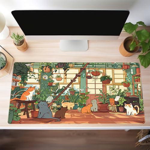 Large Desk Mouse Pad Cute Cats Desk Mat, Extended Gaming Mouse Mat, Office Home Keyboard Pad, Green Plant Computer Mats XXL, Cute Full Desktop Mat, Anime PC Accessories for Women 31.5" x 15.75" - view 4