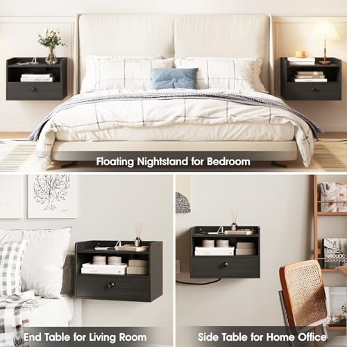 Floating Nightstand Set of 2 Modern Night Stands with Drawer and Open Shelf - view 5