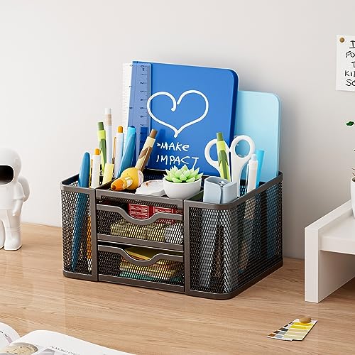 Mesh Desk Organizer, Pen Organizer with 2 Drawer, Multi-Functional Pencil Holder, Desk Organizers and Accessories with 5 Compartments + Drawer for Office Art Supplies (Black) - view 5