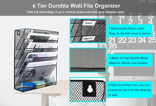 Mass Hanging Wall File Holder Mail Sorter Magazine Rack Office Supplies Metal Mesh Desk Organizer, 6 Tier, Black - view 2
