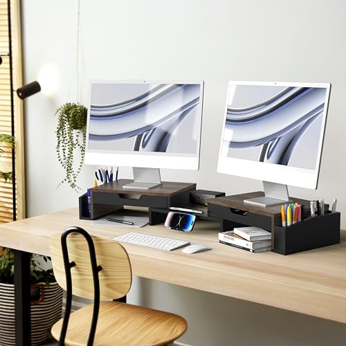 Desk Dual Monitor Stand Riser with 2 Drawers, Rustic Brown - view 5