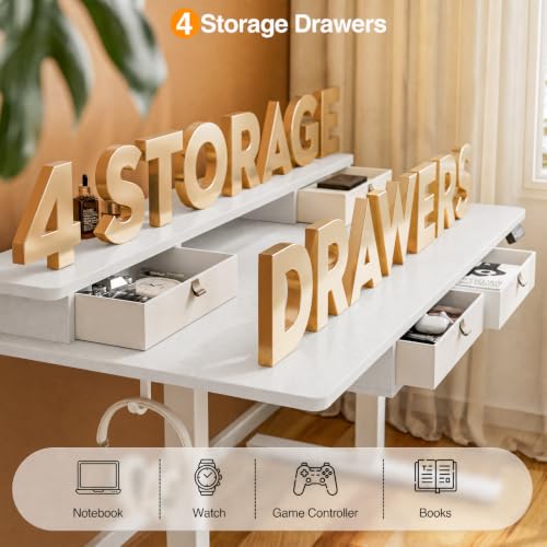 Electric Standing Desk with Four Drawers, Sit to Stand Up Height Adjustable Desk with Storage Shelf for Home Office, 47 * 28 Inch, Study, Ergonomic Adjustable Computer Desk, White - view 4