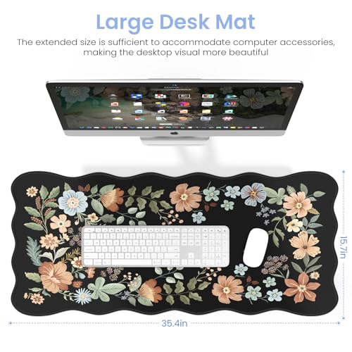 Scalloped Desk Mat for Keyboard, Floral Mouse Pad(Black) - view 2
