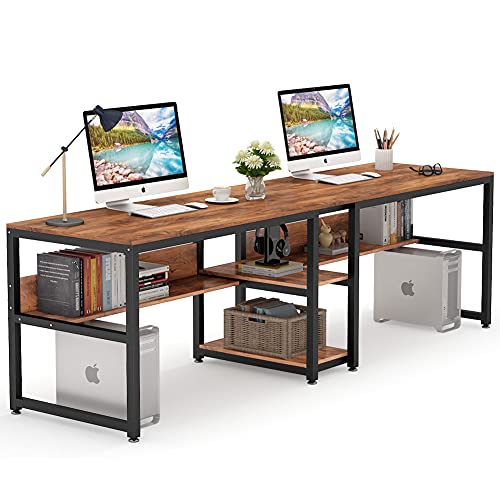 Two Person Desk with Bookshelf, 78.7 Computer Office Double Desk for Two Person, Rustic Writing Desk Workstation with Shelf for Home Office (Brown)