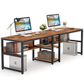 Two Person Desk with Bookshelf, 78.7 Computer Office Double Desk for Two Person, Rustic Writing Desk Workstation with Shelf for Home Office (Brown)