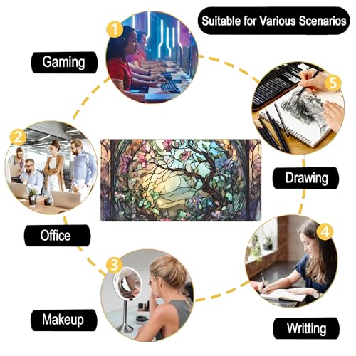 Stained Glass Tree Desk Mat Cartoon Tree Gaming Mouse Pad Large XXL Extended Desk Matt for Desktop, Laptop Computer Keyboard Mouse Mat for Women Office Decor Accessories Deskmat 31.5''x15.7'' - view 6