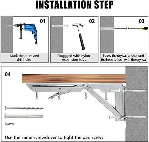 Folding Shelf Brackets Stainless Steel 16 inch 2 Pcs Max Load: 350 lb - Heavy Duty DIY Wall Mounted Collapsible Shelf Bracket, Space Saving for Garage Workstation, Stuff Supports, Table, Workbench - view 6