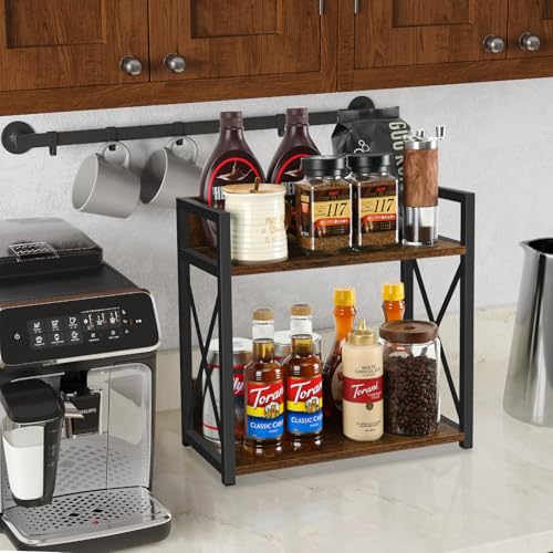 Countertop Shelf Organizer,Coffee Bar Accessories,Spice Rack,Coffee Counter Shelf,2 Tier Coffee Organizer Station for Mugs,Cups,Cream,Syrup(Rustic Brown,Large) - view 2