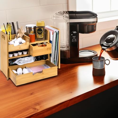 Bamboo Desk Organizer with Adjustable File Holder, Mail Organizer Countertop with Drawer, 4-Tier Desktop Organization and Desk Accessories for Home Office School Supplies, No Assembly Required - view 7