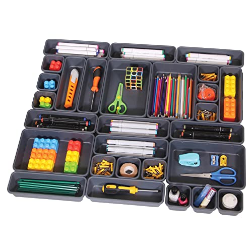 42 Pack Interlocking Desk Drawer Organizer Tray Dividers Plastic Shallow Narrow Drawers Organizers Separators Storage Bins Container for Kitchen Bathroom Makeup Office Vanity Dresser