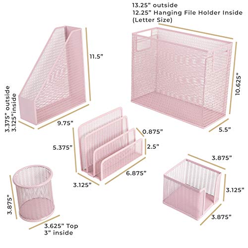 Pink Desk Organizer Set | 5 Piece Metal Office Desk Organizer with Hanging File Holder, Magazine Organizer, Pen Cup, Sticky Note Holder, Letter Sorter | Desk Organizers and Accessories - view 6