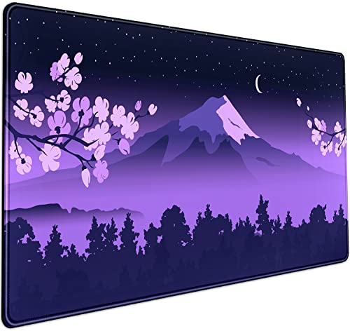 Purple Desk Mat Japanese Desk Pad Cute Fuji Mountain Gaming Mousepad Large, Cherry Blossom Mouse Pad XXL Desk Mats, Kawaii Anime Deskmats Desktop Protector Laptop Keyboard Mat Pad 31.5x15.75 in