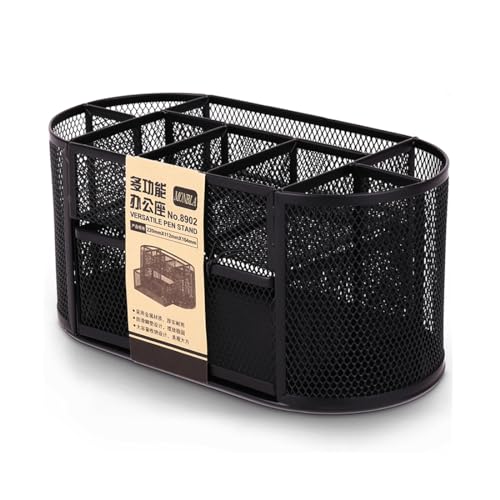 Desk Supplies Organizer Multi-functional Stationery Caddy Mesh Oval Pencil Holder Desk Office Supplies Organizer 9 Compartments with Drawer for Note Pads Black - view 4
