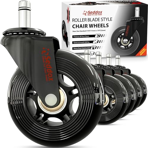 Office Chair Wheels Replacement Set - Soft Desk Chair Casters for Wood Hardwood Floors & Carpet - Heavy Duty & Safe For All Floors Without Chair Mats - Fits 98% Computer Gaming & Office Chairs - Black