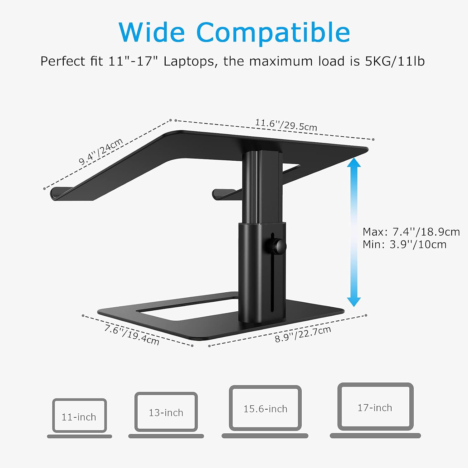 Laptop Stand, Height Adjustable Laptop Riser for 11-17" Laptops | Ergonomic Laptop Stand for Desk, Ventilated with U-Shaped Open Design, Sturdy Notebook Stand for 10-17'' Laptops, Black - view 6
