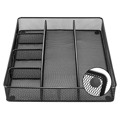 Metal Mesh Desk Organizer with 6 Compartments, Anti-Slip Pen Holder Storage Tray for Office Supplies and Home, Black - view 3