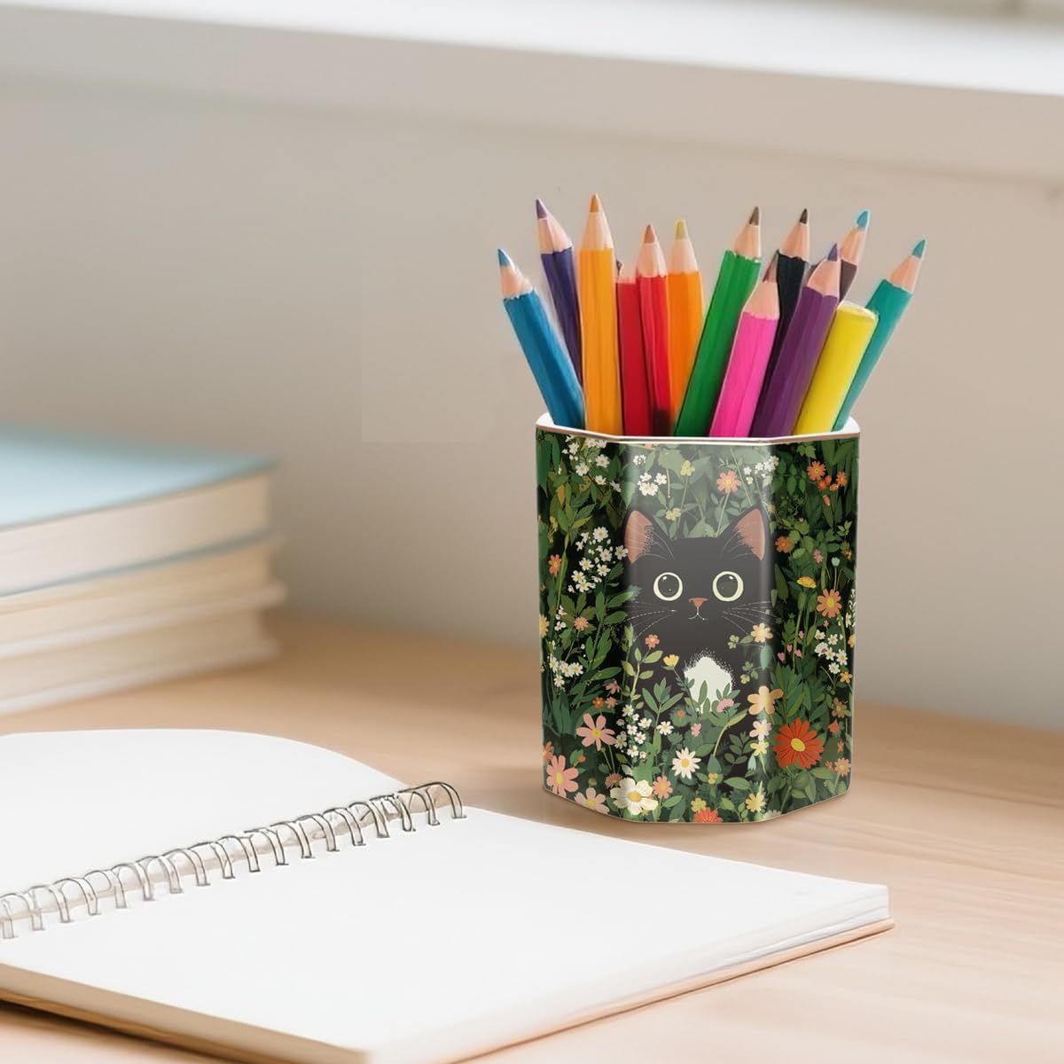 Pen holder, pencil cup for desk, cute desk organizer, durable ceramic decorative makeup brush desktop accessories, stylish stationery for office, home, cute cat pattern - view 4