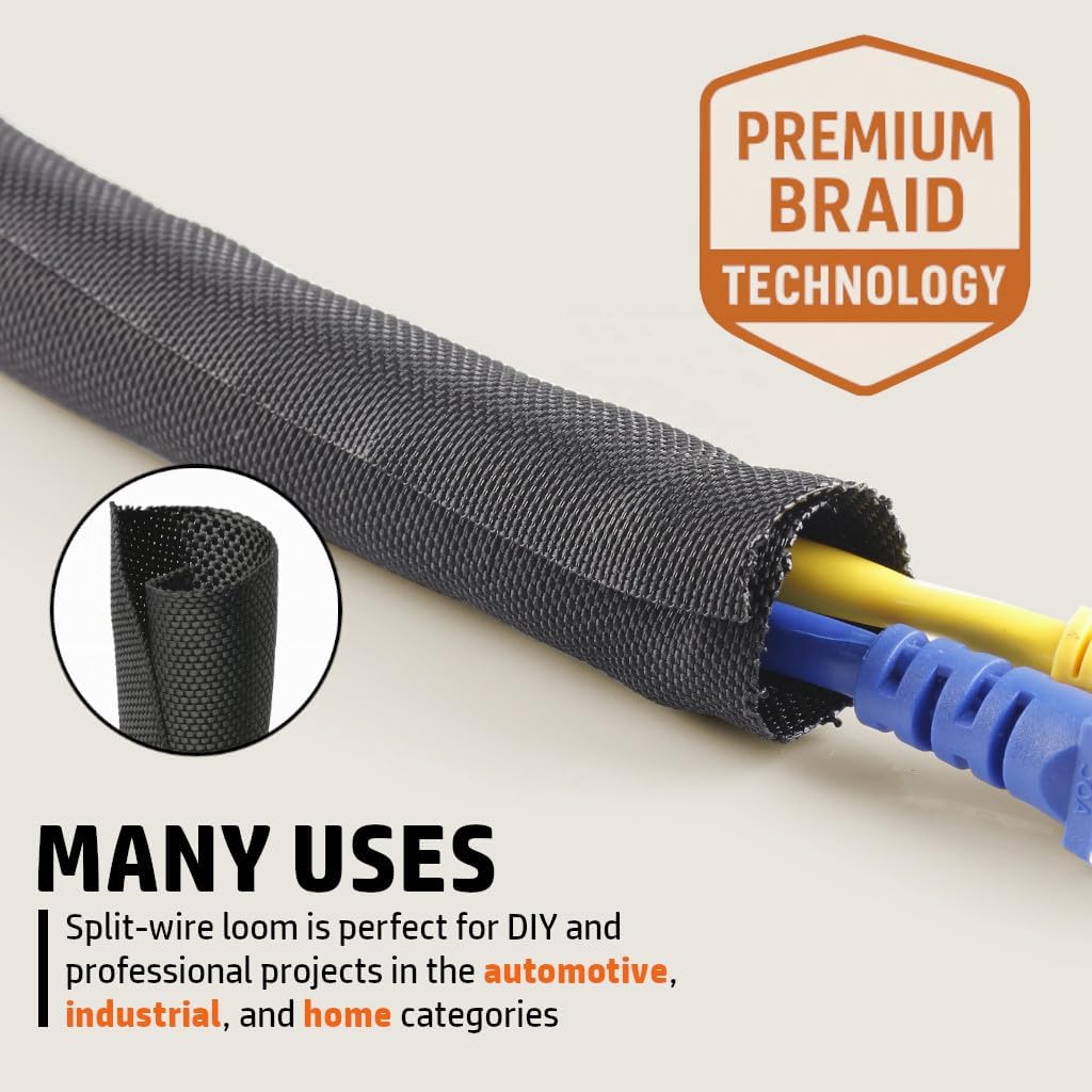Woven Mesh Split-Sleeve Wire Loom for High-Temperature Automotive Harness and Home Cable Management - 25 feet (1/4") - view 3