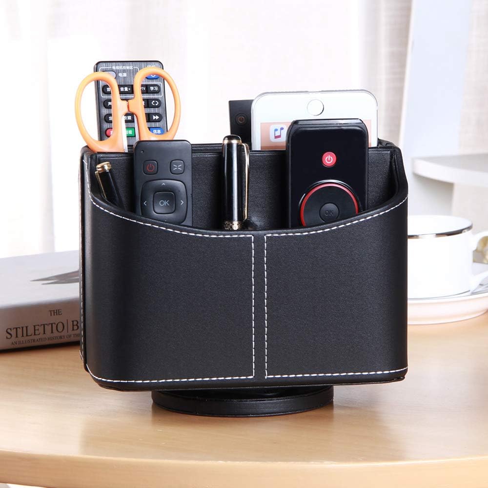 Remote control holder, 360° rotatable office desk stationery supply organizer | PU leather desktop storage box for media controllers, bedside table spinning TV remote caddy for iPad, mobile, pencil, makeup - view 6