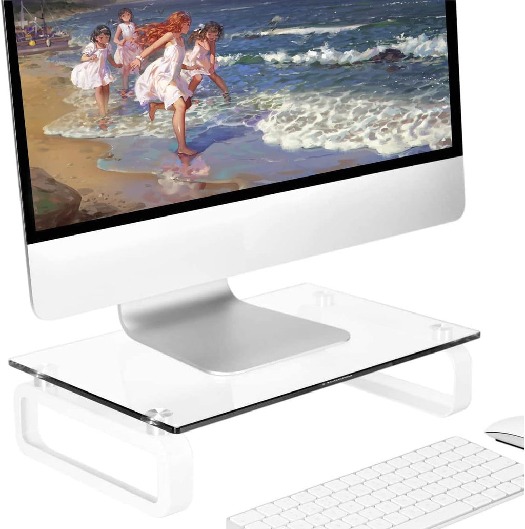 Clear Computer Monitor Stand Riser Multi Media Desktop Stand for Flat Screen LCD LED TV, Laptop/Notebook, with Tempered Glass and Metal Legs, HD02T-001