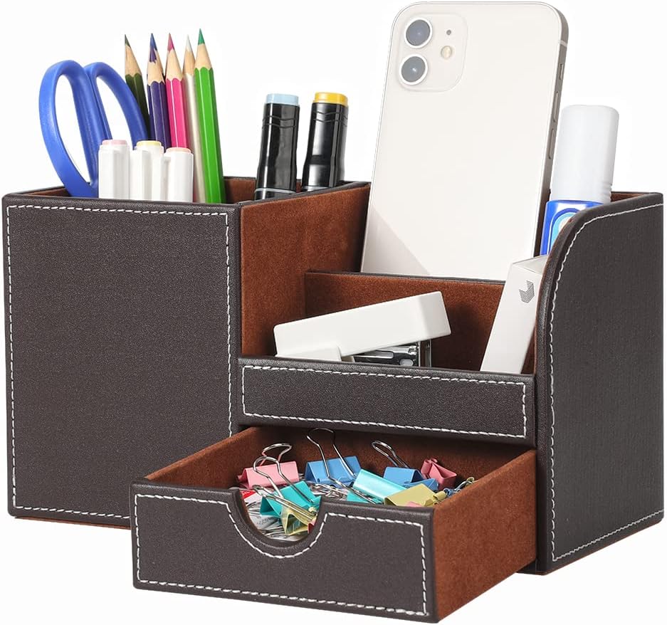Desk Organizer Office Supplies Caddy Pu Leather Multi-function Storage Box Pen/Pencil,Cell phone, Business Name Cards Remote Control Holder with Small Drawer Brown