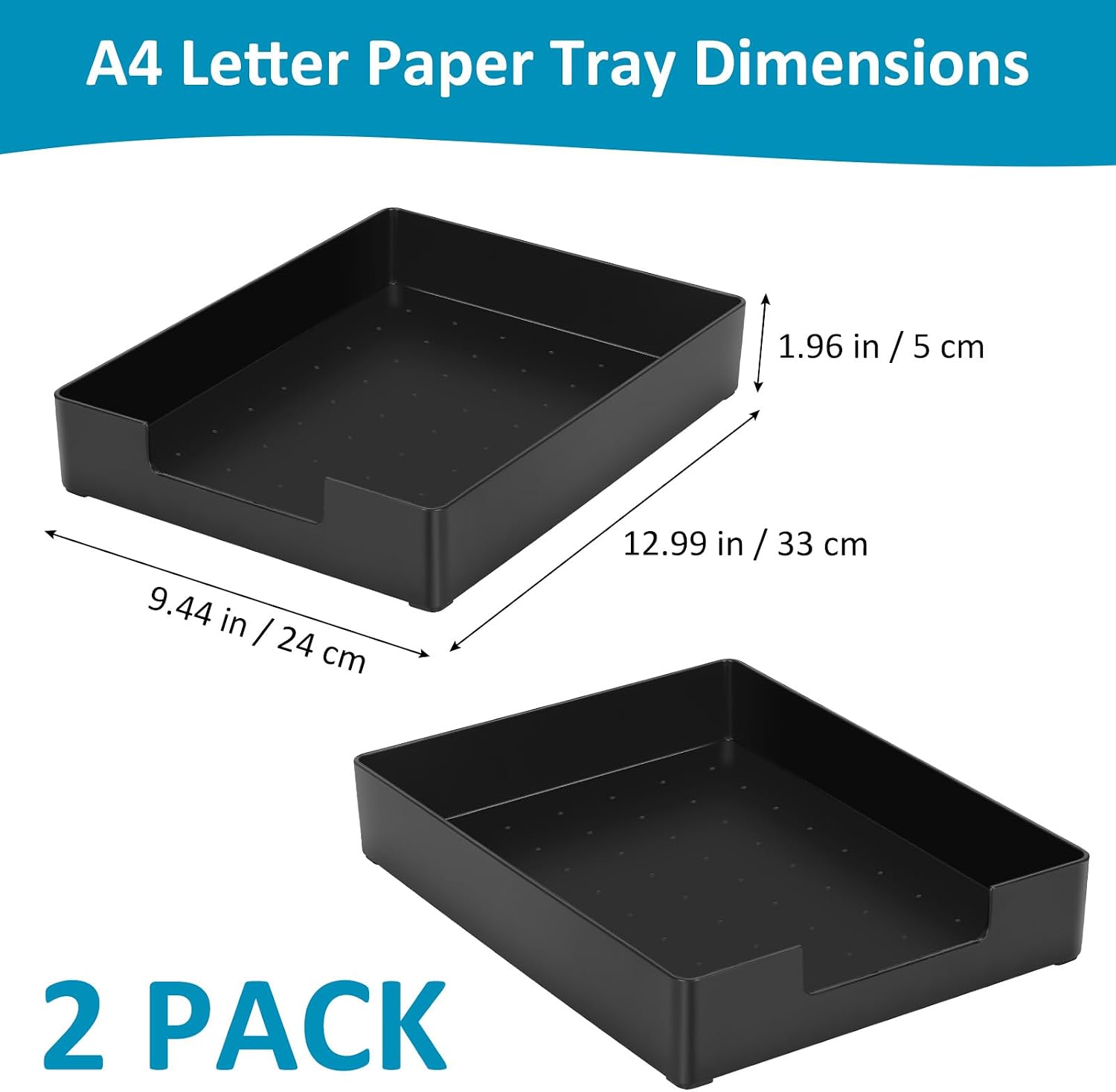 Letter Size A4 Papers Tray Desk Drawer Organizer Tray A4 Plastic Letter Paper Stationery Desk Accessories, Black Holder File Organization for Office, School, Home Storage (2 Pack) - view 2