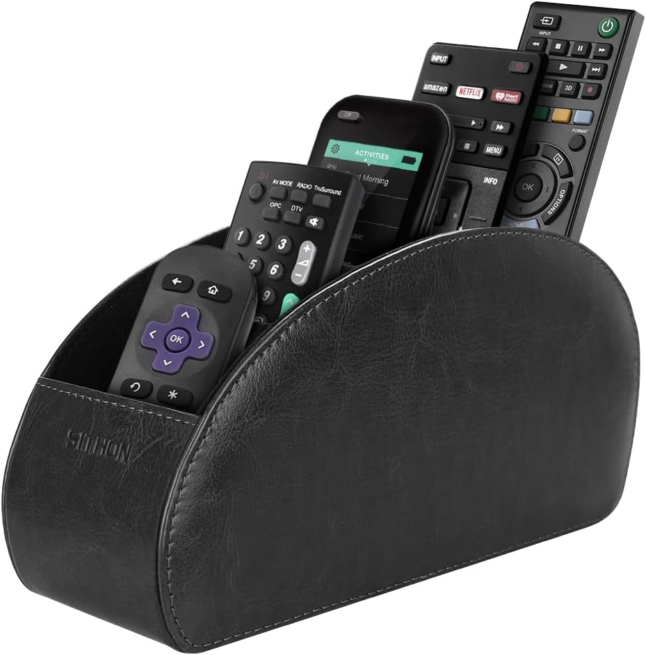 Remote Control Holder with 5 Compartments | PU Leather Remote Caddy Desktop Organizer Store TV, DVD, Blu-Ray, Media Player, Heater Controllers, Black