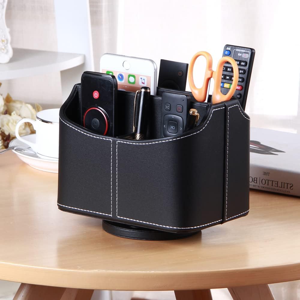 Remote control holder, 360° rotatable office desk stationery supply organizer | PU leather desktop storage box for media controllers, bedside table spinning TV remote caddy for iPad, mobile, pencil, makeup - view 5