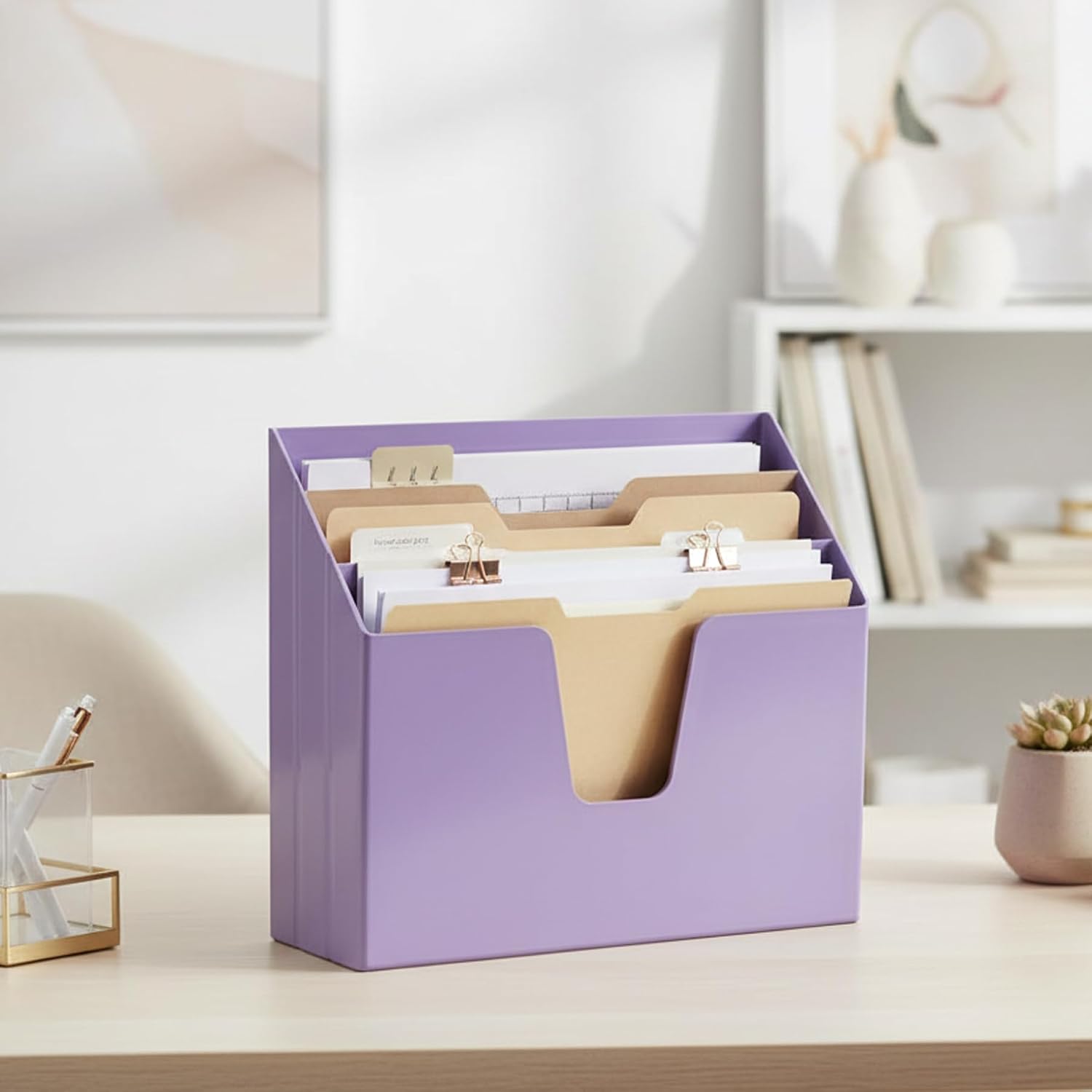 Horizontal Triple File Folder Organizer Sorter, Letter Size, Purple | 3 compartments to separate and organize documents, folders and papers - view 6