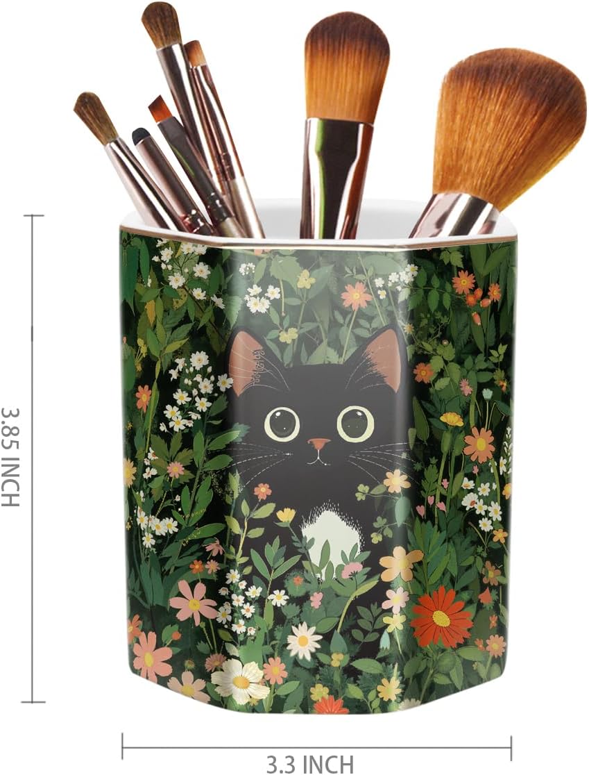 Pen holder, pencil cup for desk, cute desk organizer, durable ceramic decorative makeup brush desktop accessories, stylish stationery for office, home, cute cat pattern - view 2