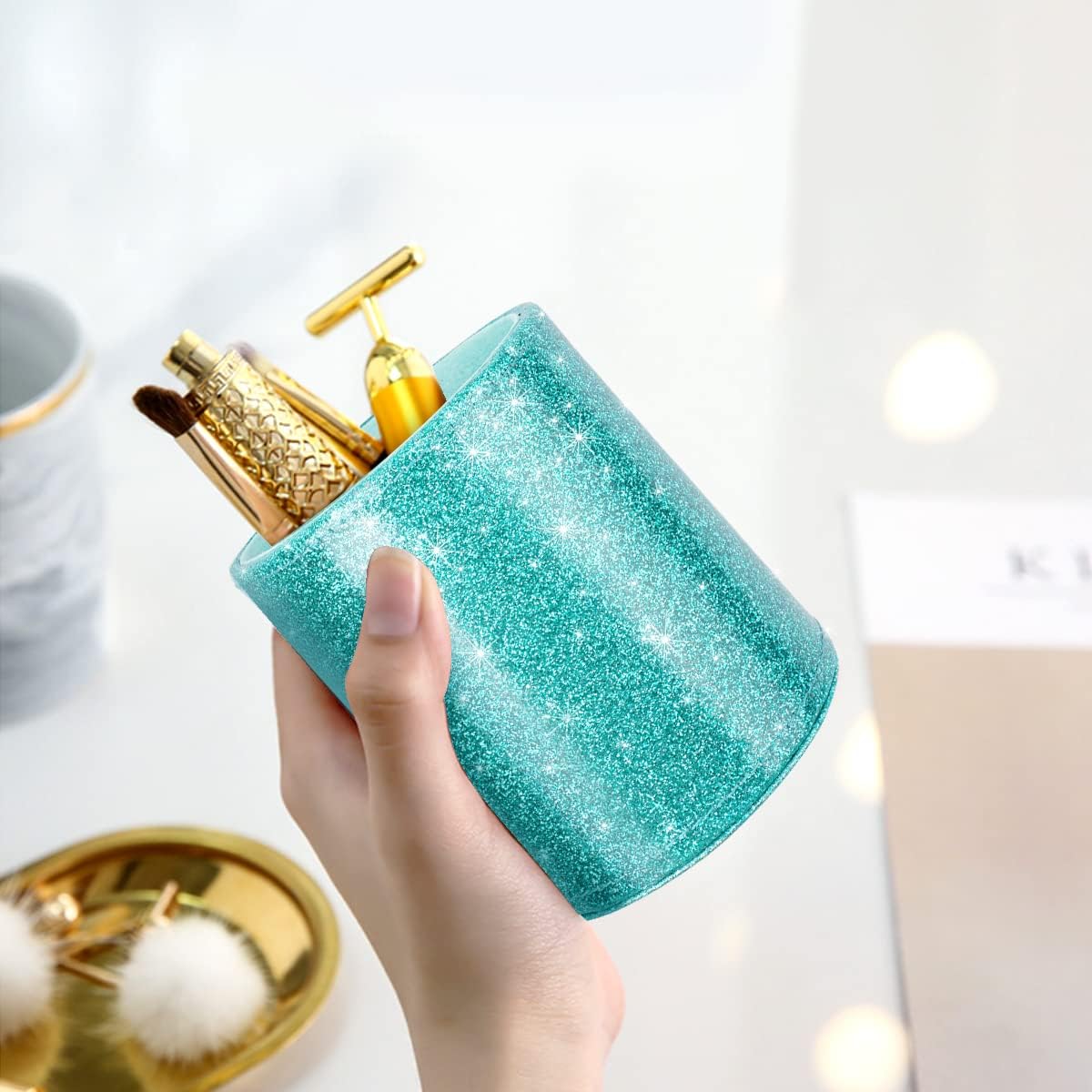 Glitter pen holder pencil organizer, cute pencil cup desk decor, decorative makeup brush holder large, leather multi-functional organizer cup for office, home, classroom, blue+green - view 4