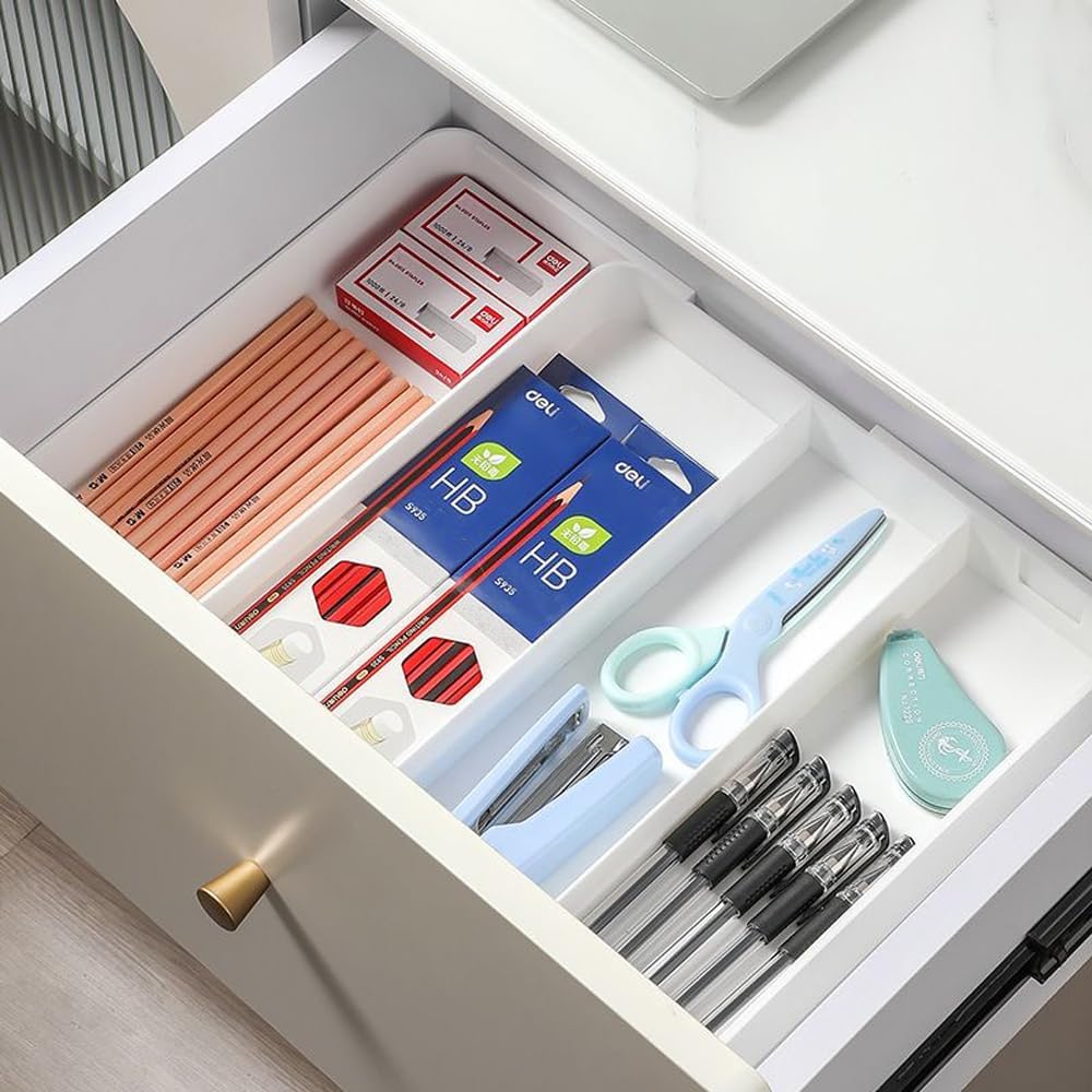 Shallow Desk Drawer Organizer, 1.73" Modular Expandable Tray | White Divider Bins For Office Stationery, Makeup & Kitchen Utensils, Fits 4.4cm Low-Profile IKEA Alex, BPA-Free PET. - view 6