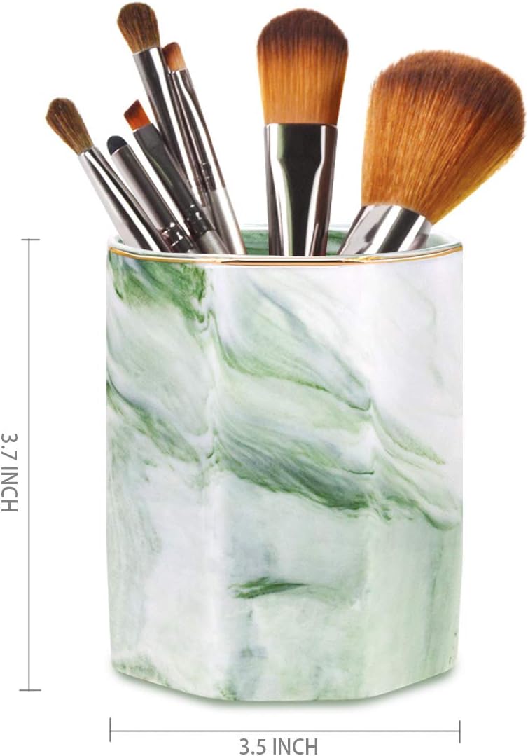Pencil holder, pencil cup for desk, makeup brush holder cup, cute pencil stand marble decorative for kids durable ceramic desk organizer for office, classroom, home, antique green marble - view 3