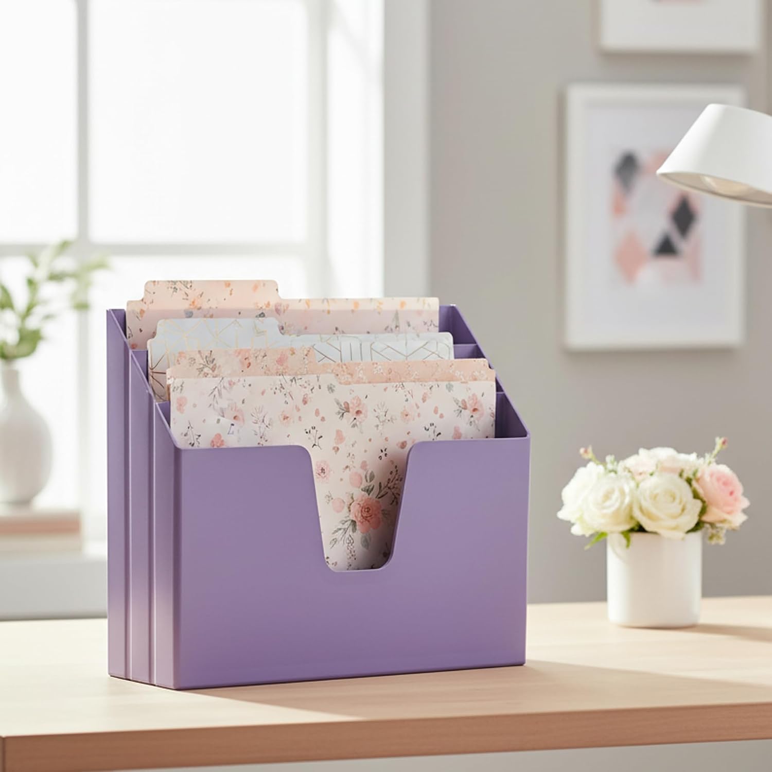 Horizontal Triple File Folder Organizer Sorter, Letter Size, Purple | 3 compartments to separate and organize documents, folders and papers - view 4