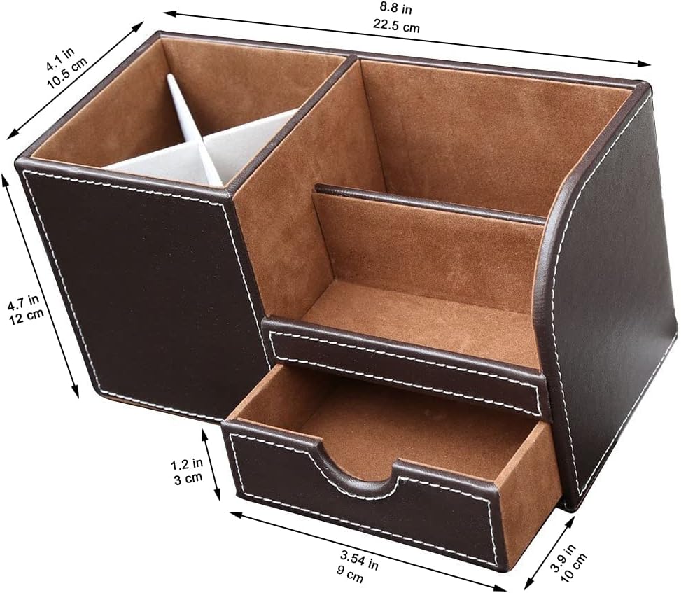 Desk Organizer Office Supplies Caddy Pu Leather Multi-function Storage Box Pen/Pencil,Cell phone, Business Name Cards Remote Control Holder with Small Drawer Brown - view 3