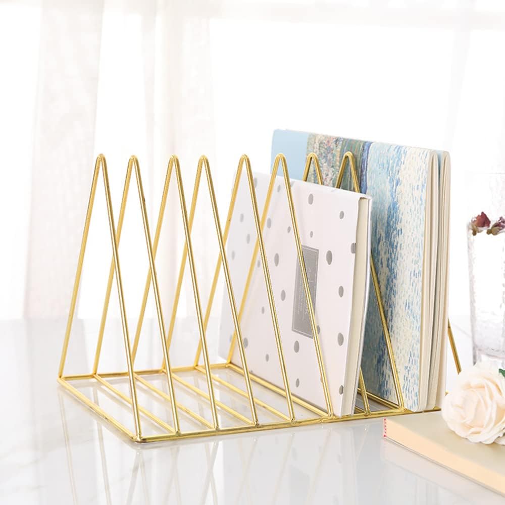 9 Slot Gold Magazine Holder, Desktop File Sorter Organizer Triangle Bookshelf Decor for Home Office, 10.2" L x 7" W x 6.9" H, Iron Wire - view 4