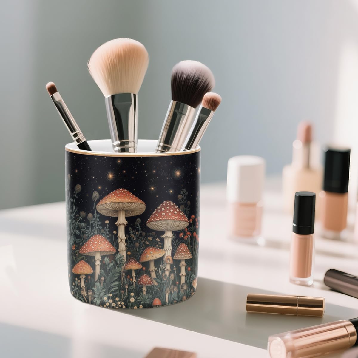 Cute pen pencil holder for desk, durable ceramic organizer decor for room, office, classroom, mushroom pattern - view 3