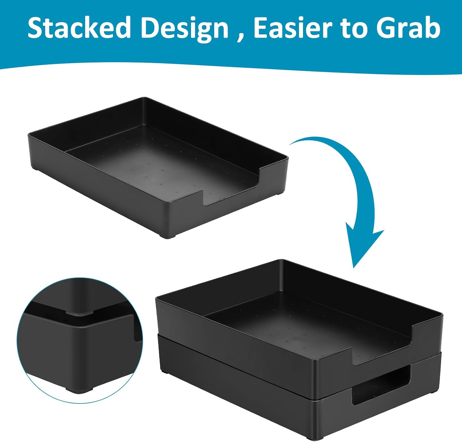 Letter Size A4 Papers Tray Desk Drawer Organizer Tray A4 Plastic Letter Paper Stationery Desk Accessories, Black Holder File Organization for Office, School, Home Storage (2 Pack) - view 3