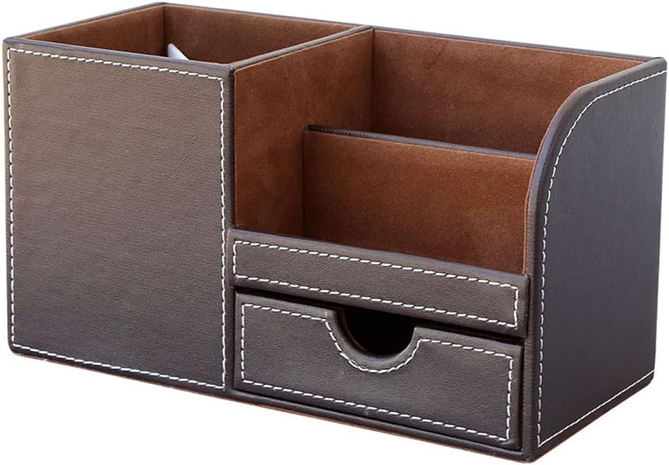 Desk Organizer Office Supplies Caddy Pu Leather Multi-function Storage Box Pen/Pencil,Cell phone, Business Name Cards Remote Control Holder with Small Drawer Brown - view 2