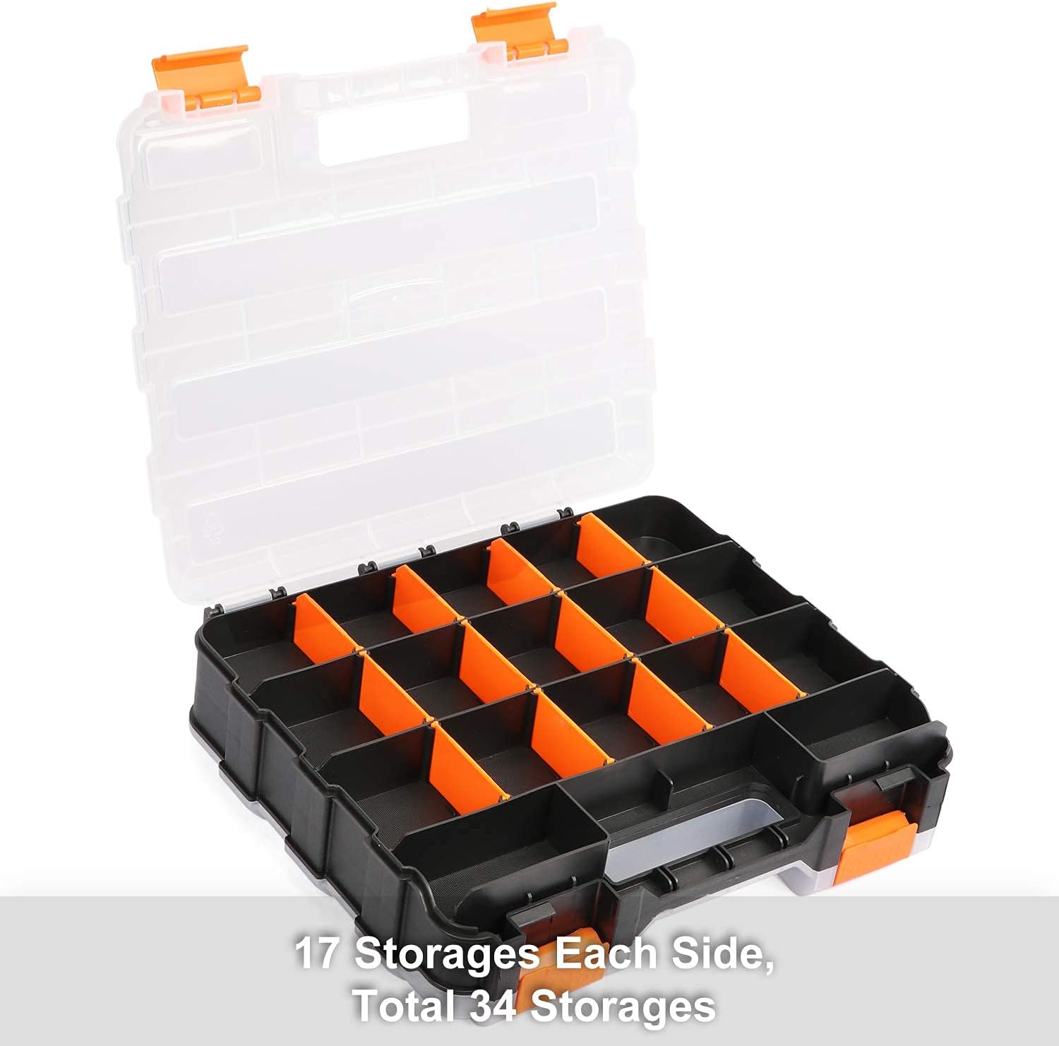 Double Side Tools Organizer, Customizable Removable Plastic Dividers, Hardware Box Storage, Excellent for Screws,Nuts,Small Parts, 34-Compartment, Black/Orange,12.6"L x 10.6"W x 3.2"H - view 4