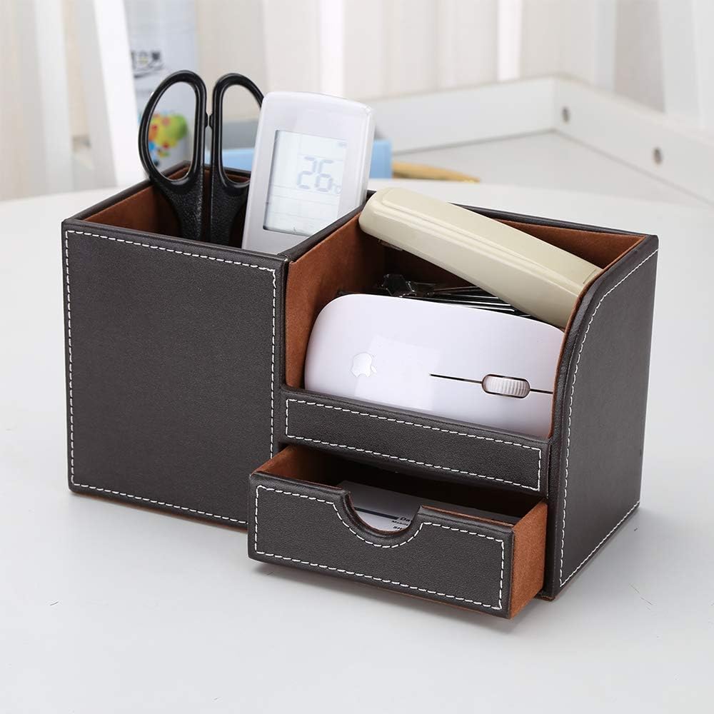 Desk Organizer Office Supplies Caddy Pu Leather Multi-function Storage Box Pen/Pencil,Cell phone, Business Name Cards Remote Control Holder with Small Drawer Brown - view 6