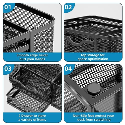 Mesh Desk Organizer, Pen Organizer with 2 Drawer, Multi-Functional Pencil Holder, Desk Organizers and Accessories with 5 Compartments + Drawer for Office Art Supplies (Black) - view 6