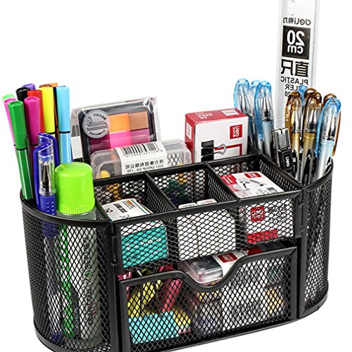 Desk Supplies Organizer Multi-functional Stationery Caddy Mesh Oval Pencil Holder Desk Office Supplies Organizer 9 Compartments with Drawer for Note Pads Black - view 2