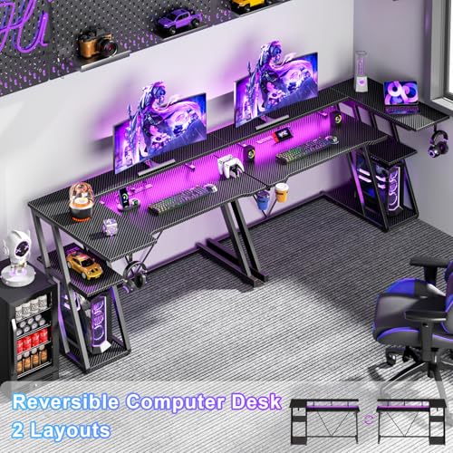47 Inch Gaming Desk with Power Outlet, LED, Carbon Fiber Black - view 3