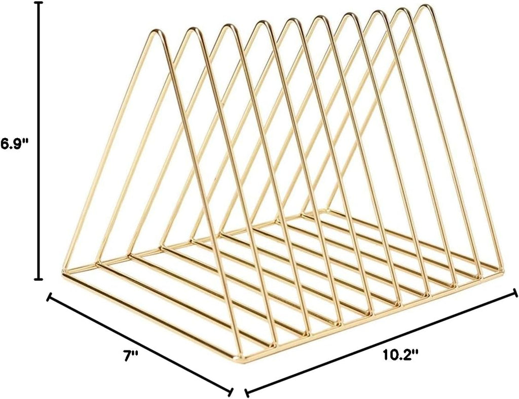 9 Slot Gold Magazine Holder, Desktop File Sorter Organizer Triangle Bookshelf Decor for Home Office, 10.2" L x 7" W x 6.9" H, Iron Wire - view 6