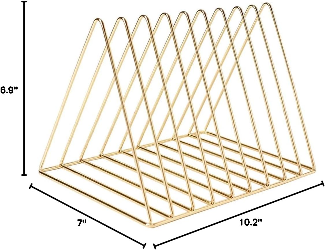9 Slot Gold Magazine Holder, Desktop File Sorter Organizer Triangle Bookshelf Decor for Home Office, 10.2" L x 7" W x 6.9" H, Iron Wire - view 6