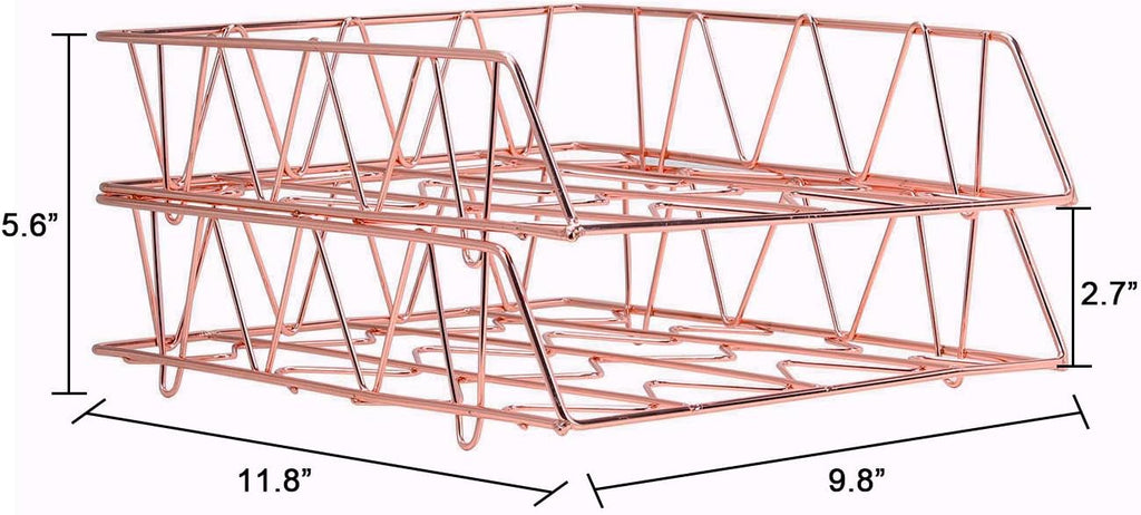 Set of 2 Office Supplies Metal Stackable File Document Letter Tray Organizer for Desk, Rose Gold - view 5