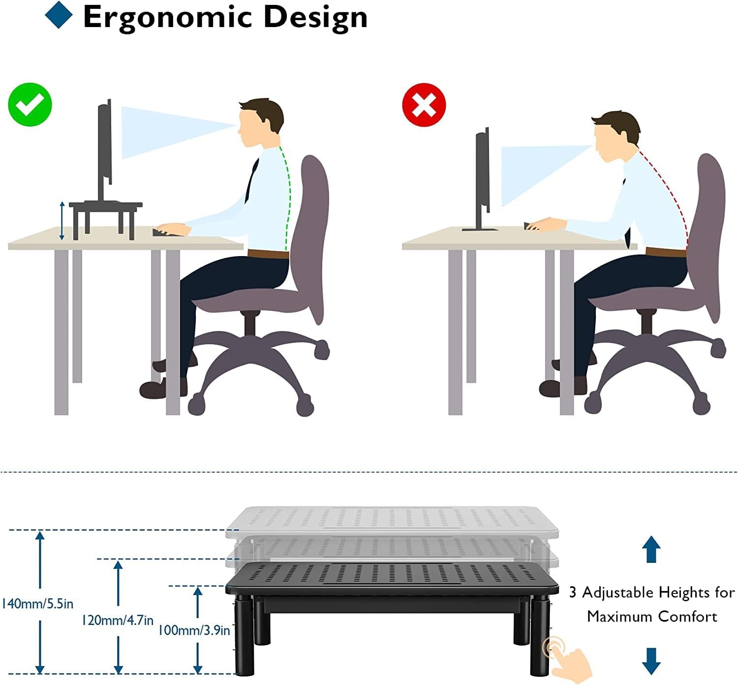 2 Pack Adjustable Monitor Stand Riser with Drawer, Supports 44lbs | Ergonomic Mesh Platform for Desk, Ventilated Laptop and PC Use with Cable Management for a Cooler, Organized Workspace - view 6