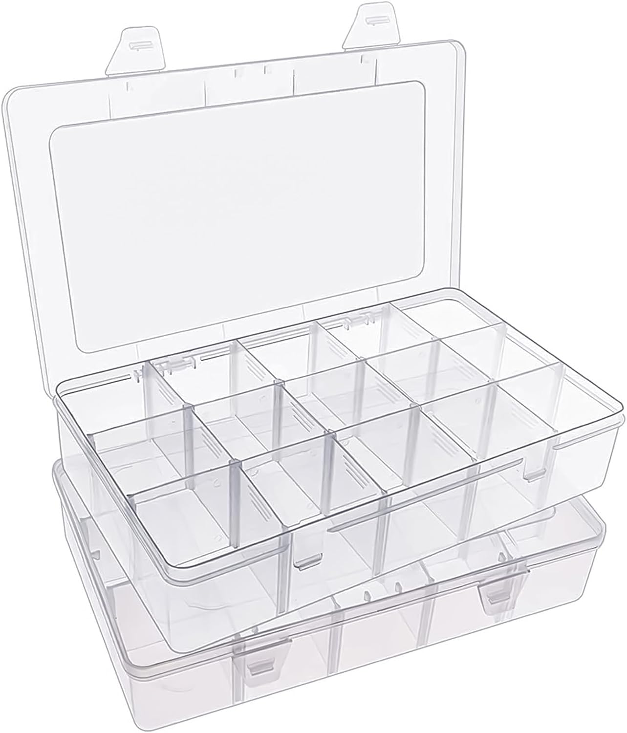 Bead organizer storage 2 pack 15 grid clear plastic tackle box adjustable | clear plastic, adjustable dividers, label stickers included, for beads crafts jewelry fishing tackle and small parts